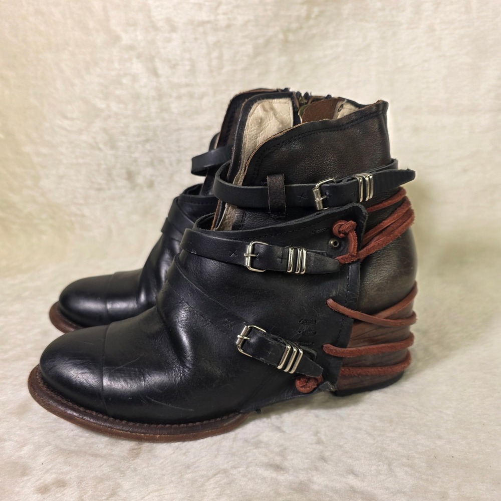 Freebird Crue Ankle Boots Black Leather Multi Buckle Straps Edgy Women 7